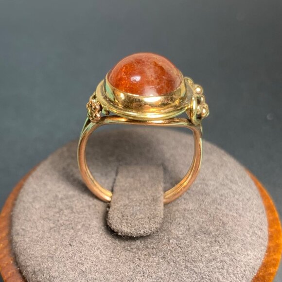 Handmade 14KY Gold Feldspar Sunstone Ring Split Shank Beaded Scroll Design SZ 6 - Picture 4 of 10